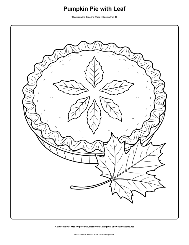 Whole pumpkin pie with a maple leaf coloring page.