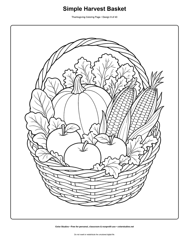 Harvest basket with pumpkin, corn, apples, and greens coloring page.
