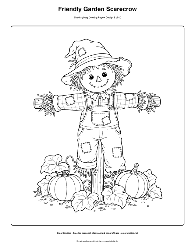 Friendly scarecrow beside two pumpkins coloring page.