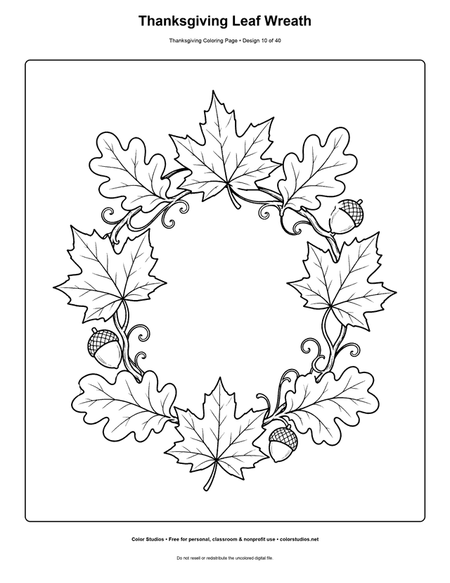 Thanksgiving wreath made of leaves and acorns coloring page.