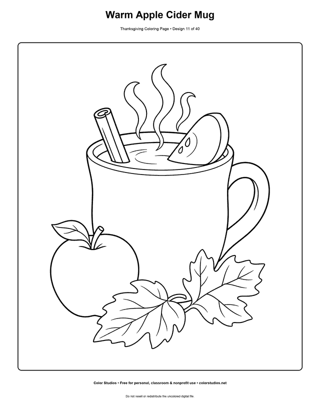 Warm apple cider mug with cinnamon and apple coloring page.