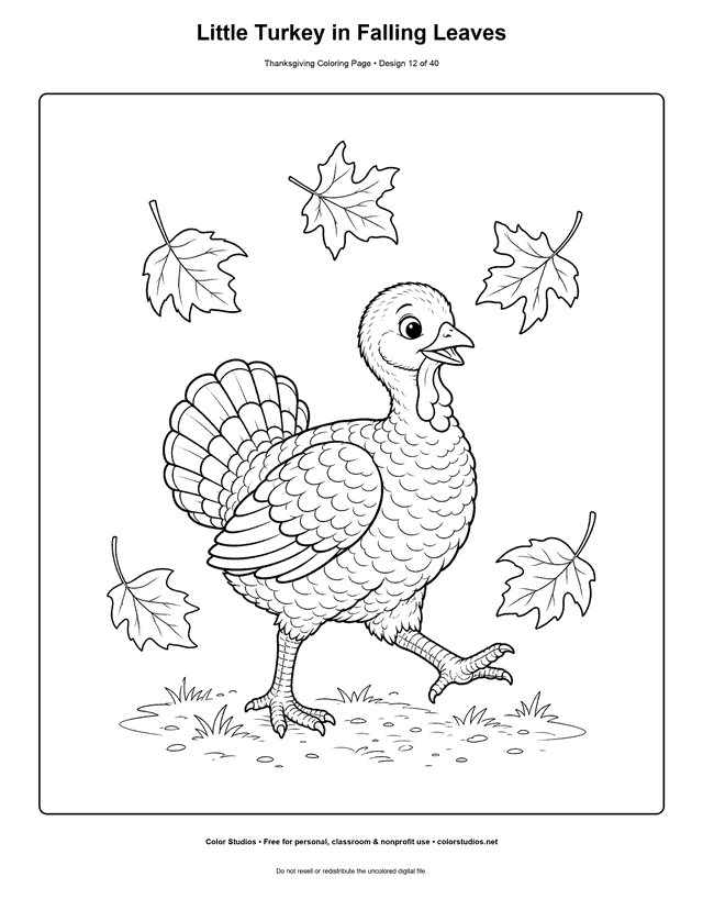Cute young turkey walking through falling leaves coloring page.