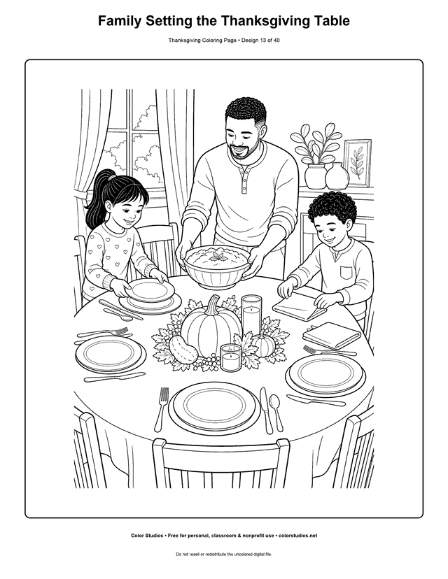 Family setting plates and food on a Thanksgiving table coloring page.