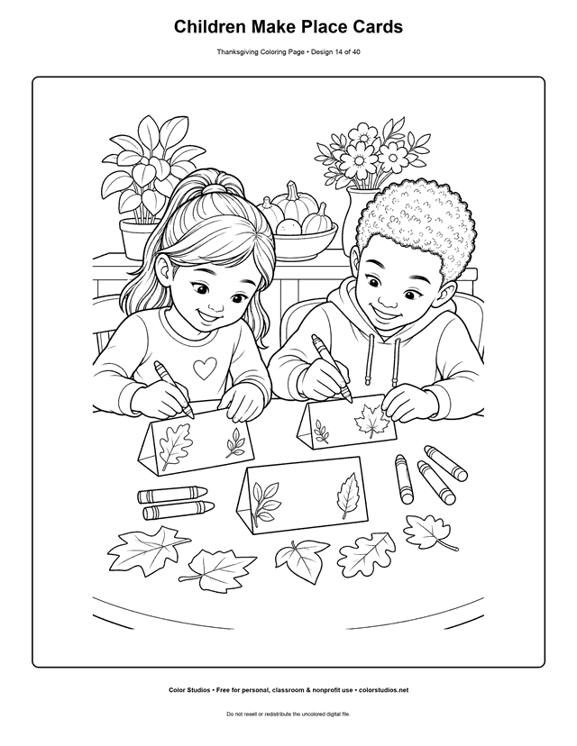 Children decorating blank leaf place cards coloring page.