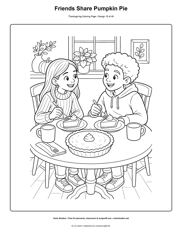 Two friends sharing pumpkin pie at a table coloring page.