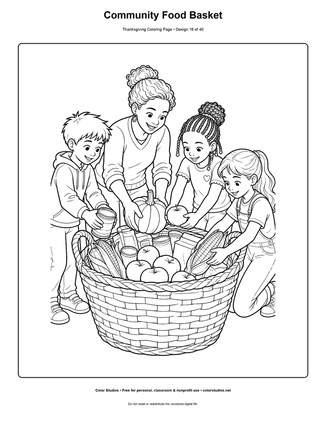 Children and an adult filling a community food basket coloring page.