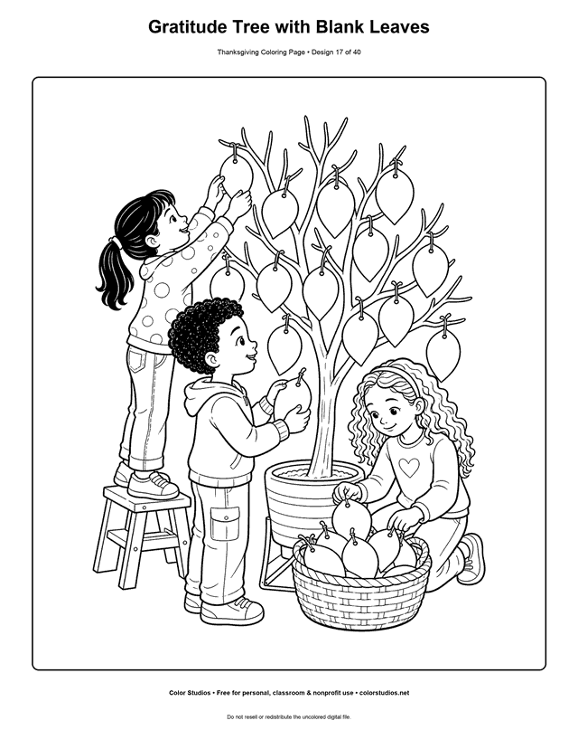 Children adding blank leaves to a Thanksgiving gratitude tree coloring page.