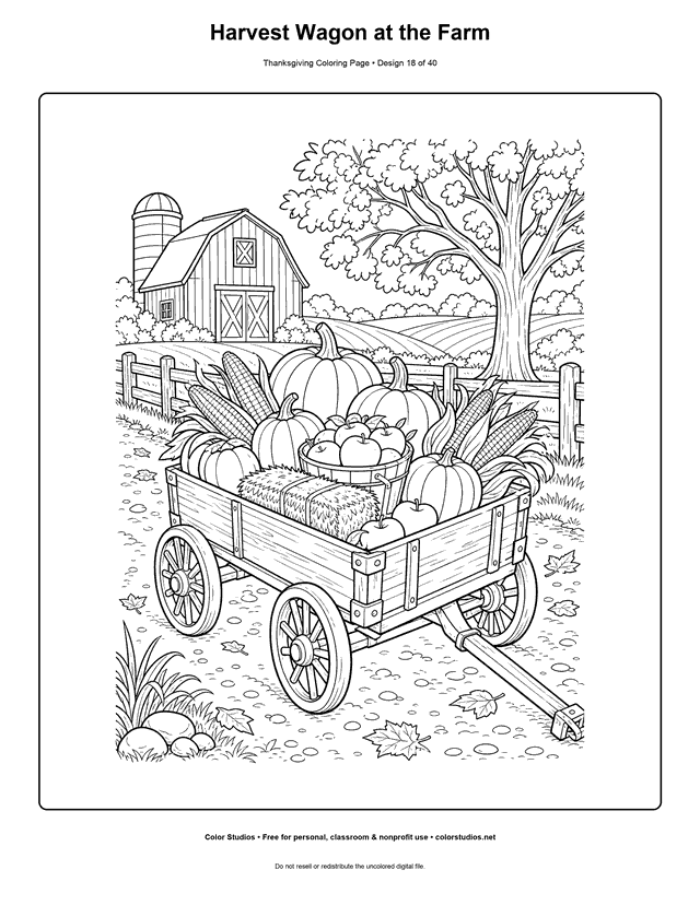 Farm wagon filled with Thanksgiving harvest produce coloring page.