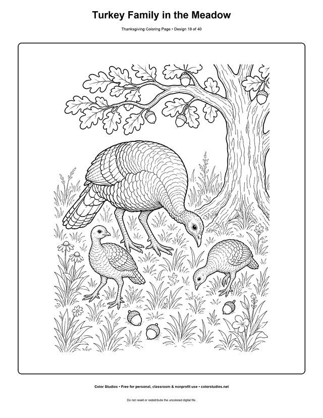 Adult turkey and two young turkeys in a meadow coloring page.