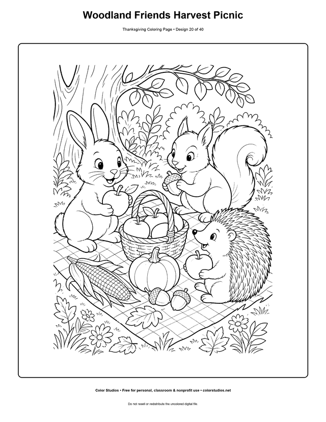 Rabbit, squirrel, and hedgehog at a harvest picnic coloring page.