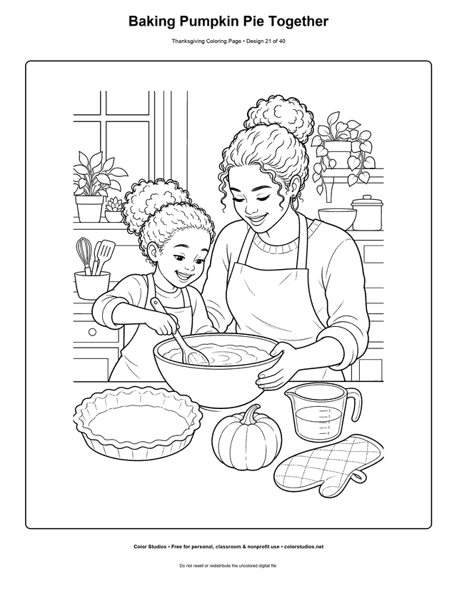 Adult and child baking pumpkin pie together coloring page.