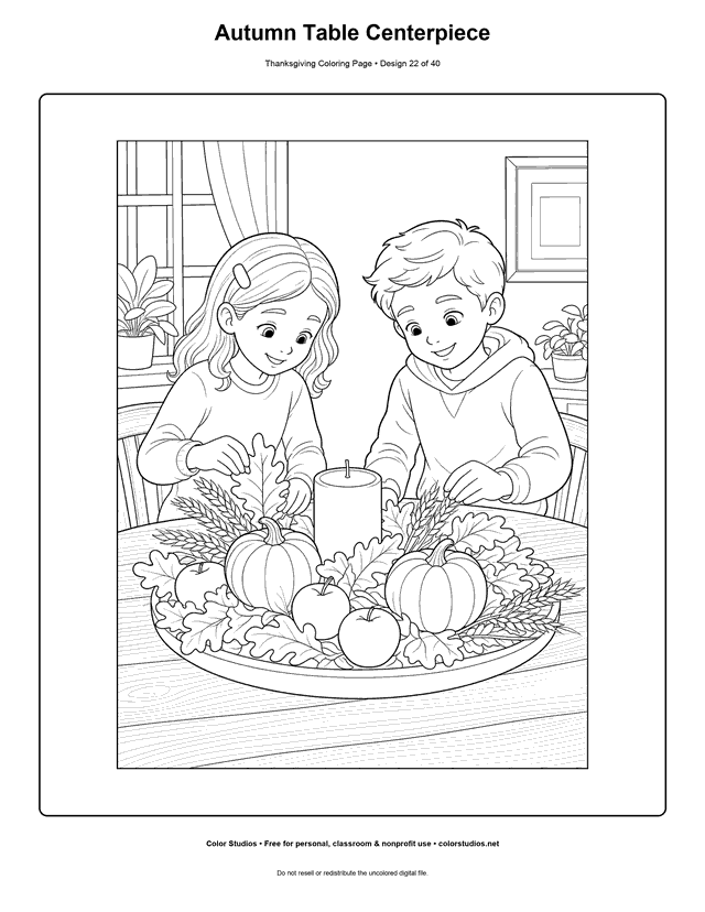 Children arranging a Thanksgiving autumn centerpiece coloring page.