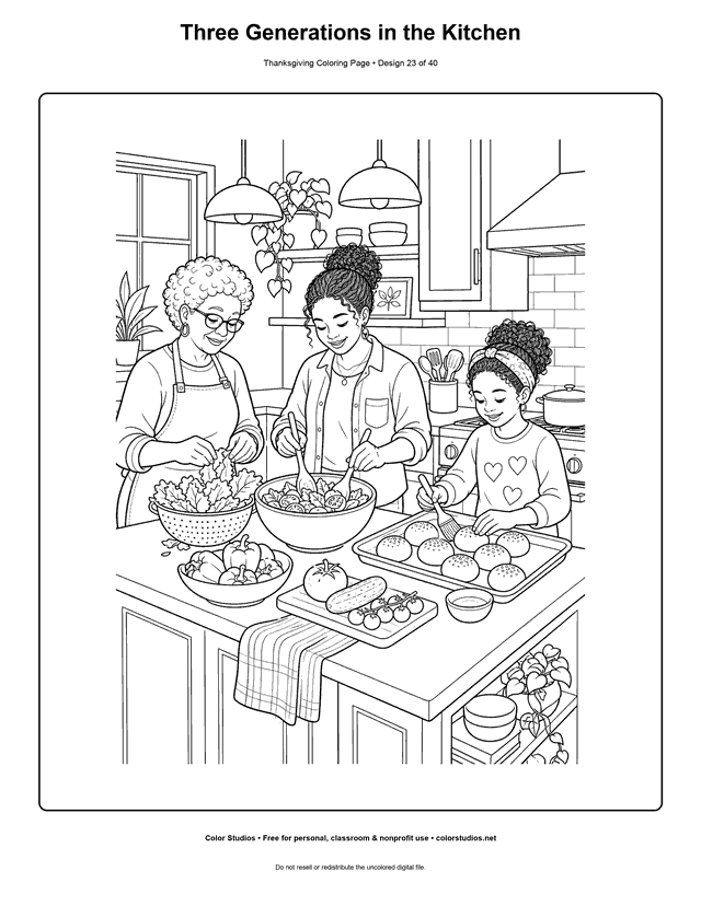 Three generations preparing Thanksgiving food together coloring page.
