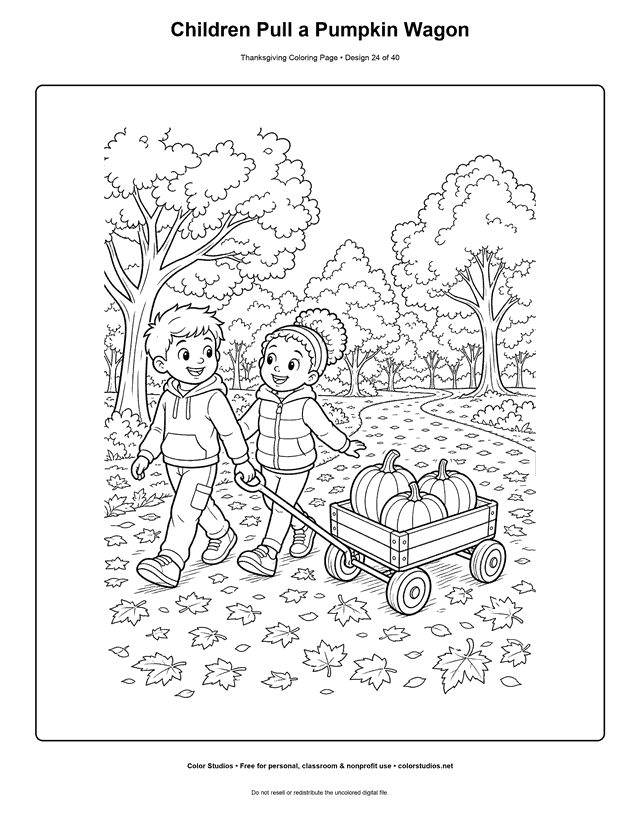 Children pulling a wagon with three pumpkins coloring page.