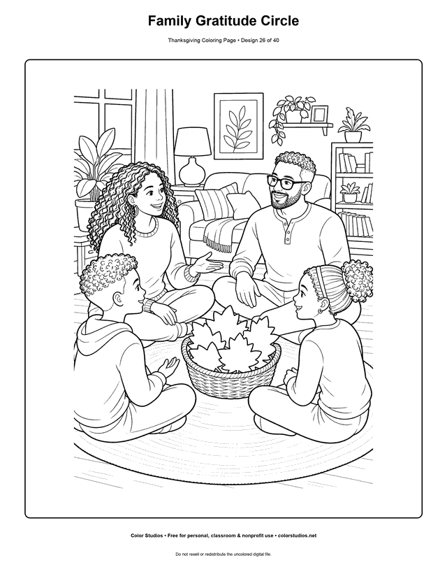 Family sitting in a Thanksgiving gratitude conversation circle coloring page.