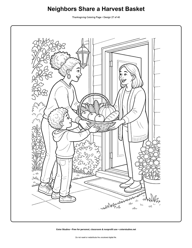 Neighbors sharing a harvest food basket coloring page.