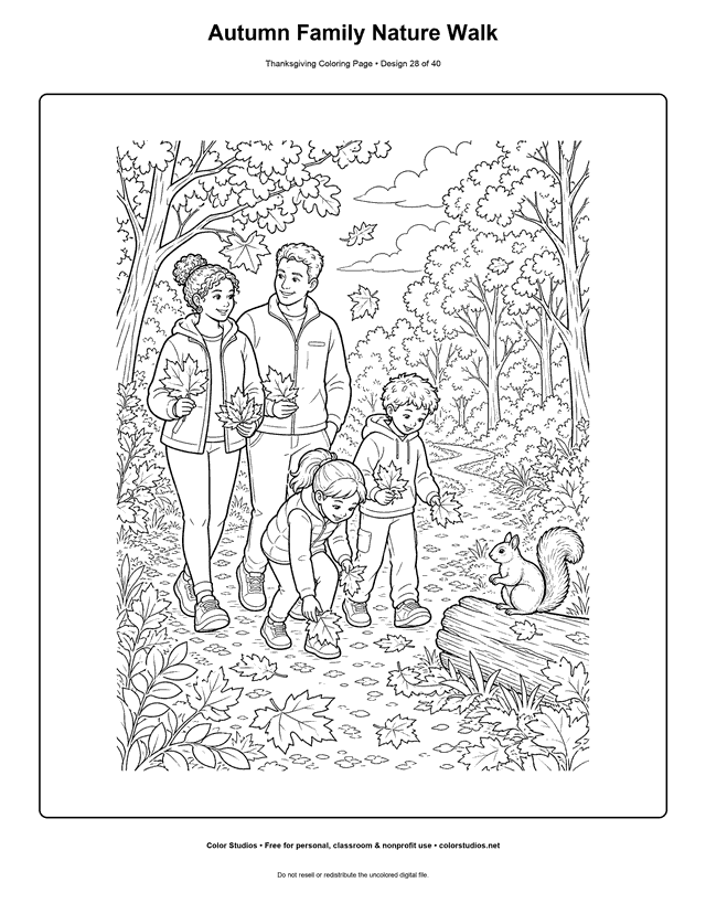 Family taking an autumn nature walk coloring page.