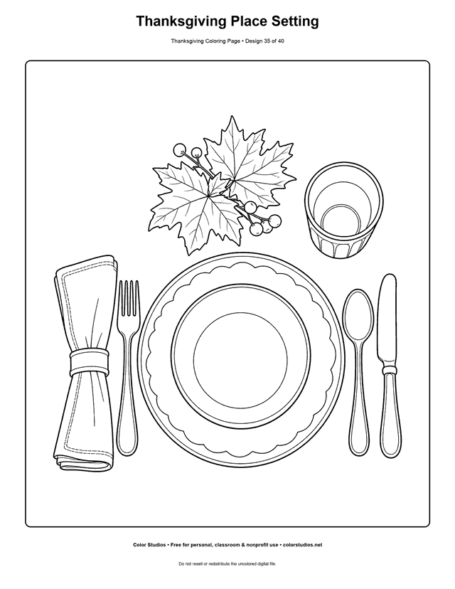 Complete Thanksgiving dinner place setting coloring page.