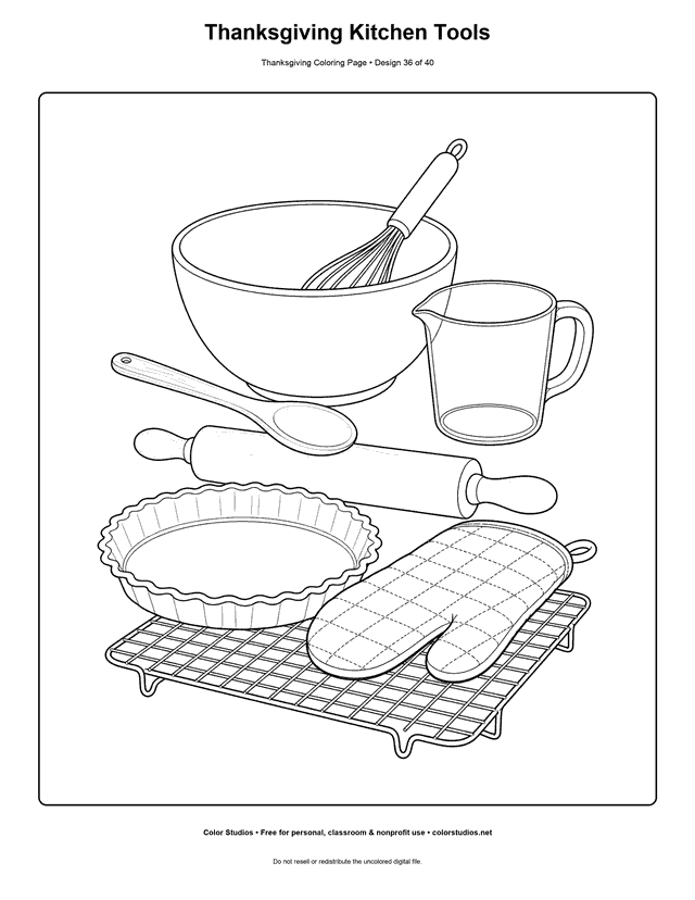 Thanksgiving baking and kitchen tools coloring page.