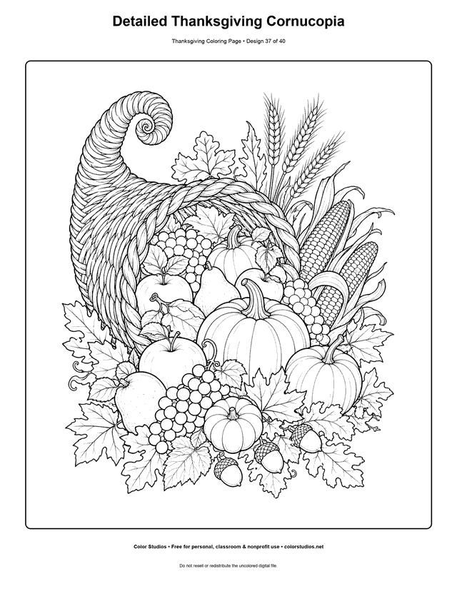 Detailed Thanksgiving cornucopia with harvest produce coloring page.