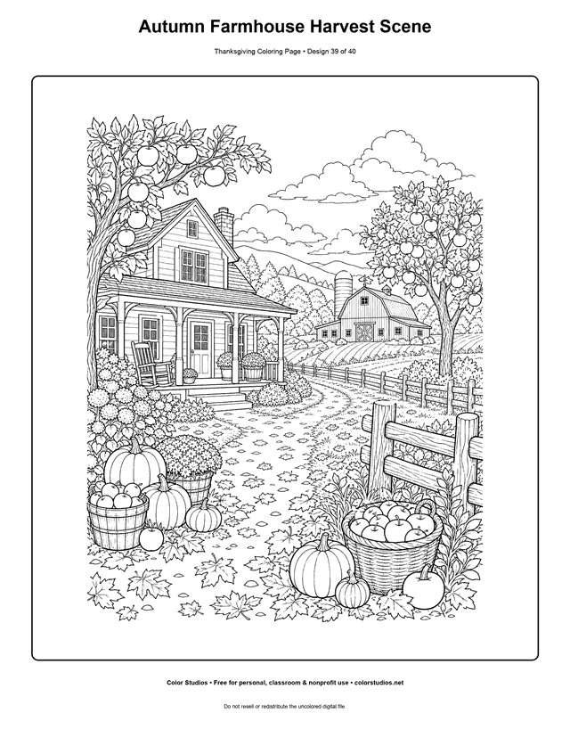 Detailed autumn farmhouse and harvest landscape coloring page.