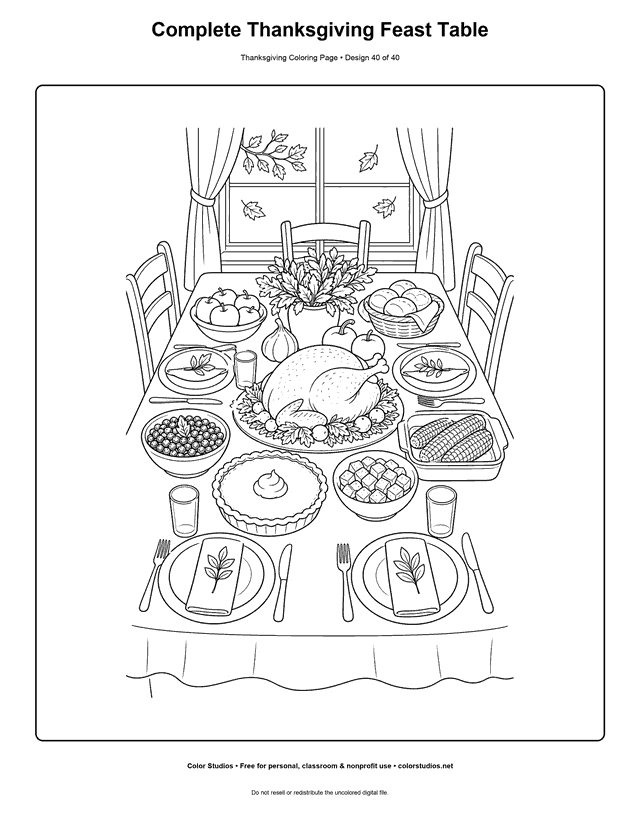 Detailed Thanksgiving feast table with turkey and side dishes coloring page.