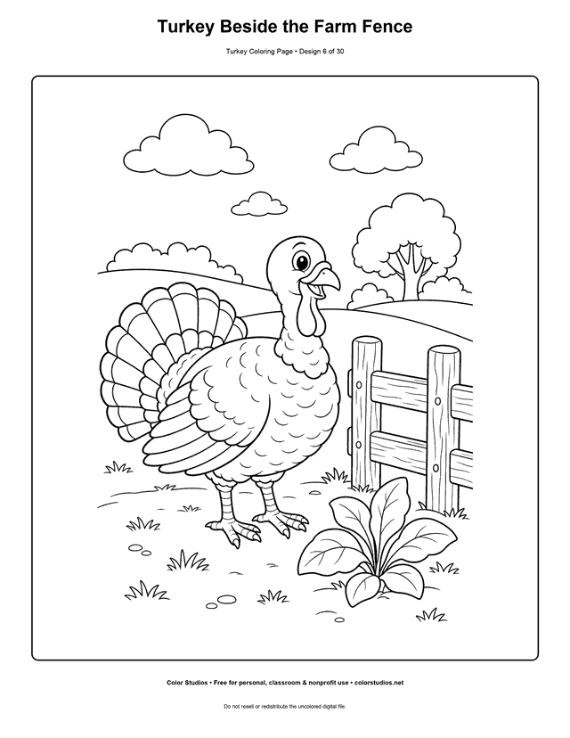 Turkey Beside the Farm Fence printable turkey coloring page.