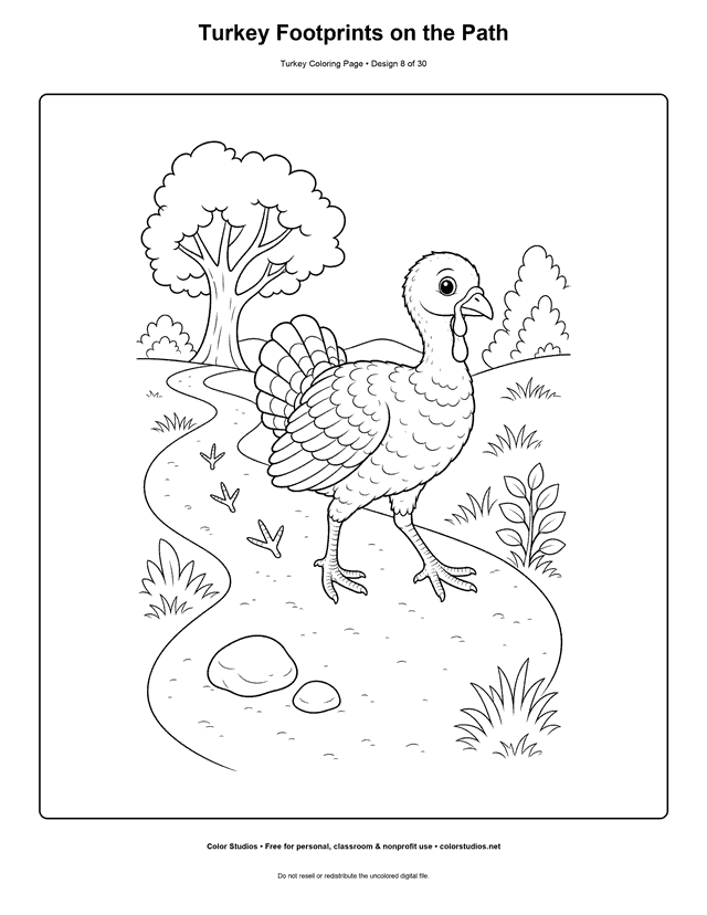 Turkey Footprints on the Path printable turkey coloring page.