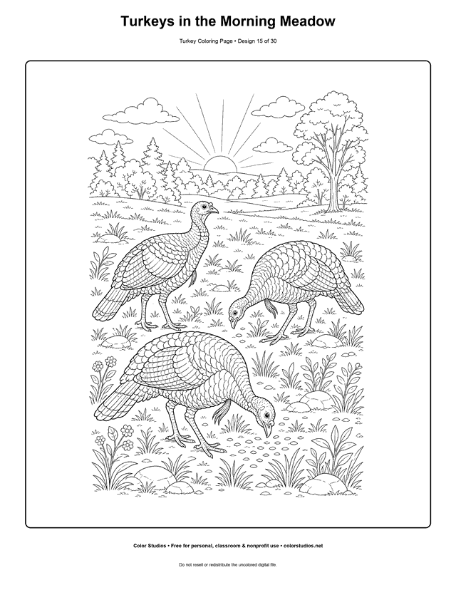 Turkeys in the Morning Meadow printable turkey coloring page.