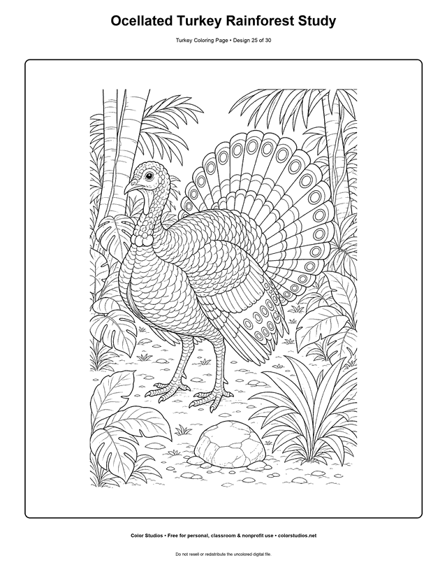 Ocellated Turkey Rainforest Study printable turkey coloring page.