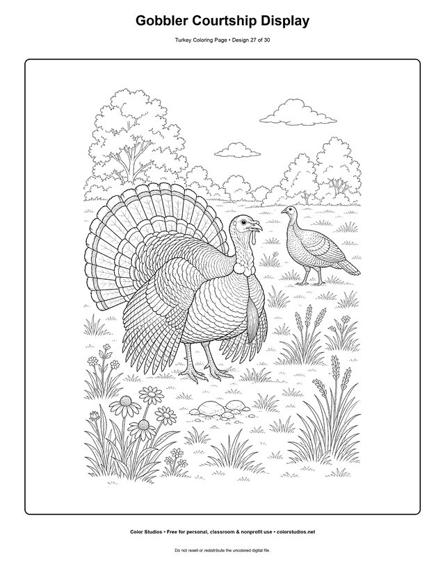 Gobbler Courtship Display printable turkey coloring page.
