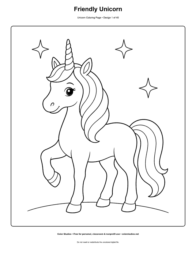 Preview of an original unicorn coloring page