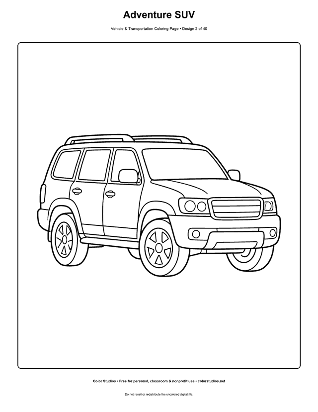 Adventure SUV: generic family SUV stands alone in a three-quarter side view with a tall cabin and practical ground clearance printable coloring page.