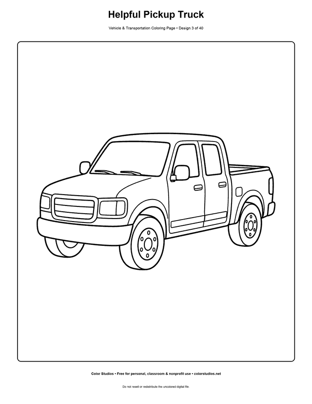 Helpful Pickup Truck: generic pickup truck stands alone in a clean three-quarter side view printable coloring page.