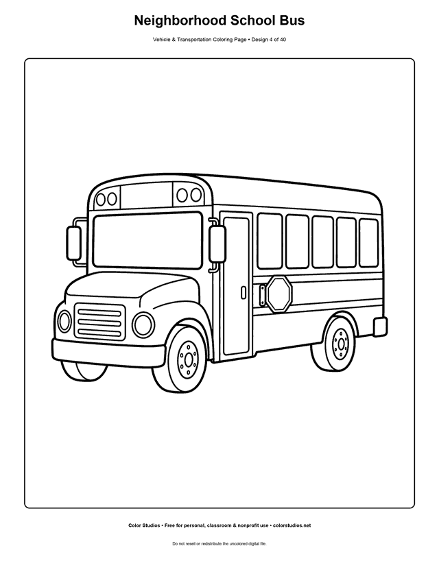 Neighborhood School Bus: generic school bus stands alone in a three-quarter side view with a long rectangular passenger body printable coloring page.