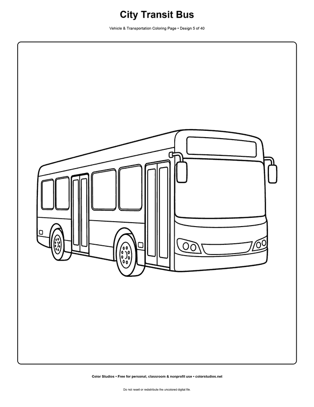 City Transit Bus: generic low-floor city bus stands alone in a clear three-quarter side view printable coloring page.