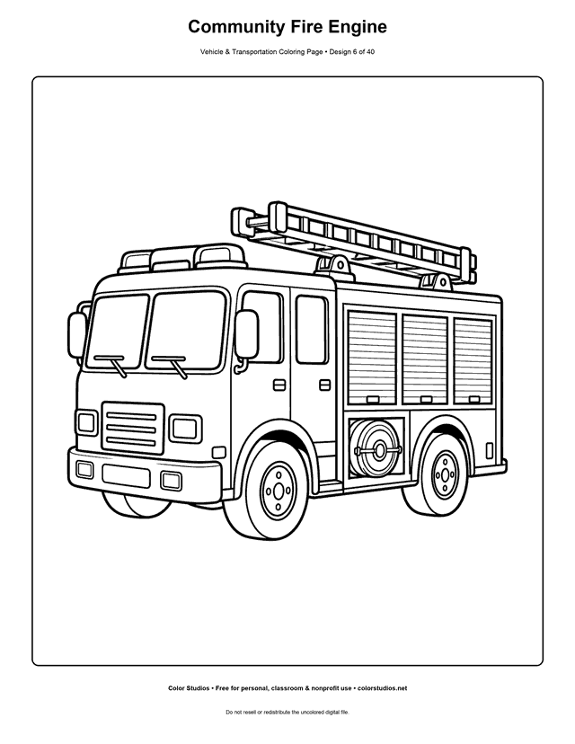 Community Fire Engine: generic fire engine stands alone in a three-quarter side view printable coloring page.