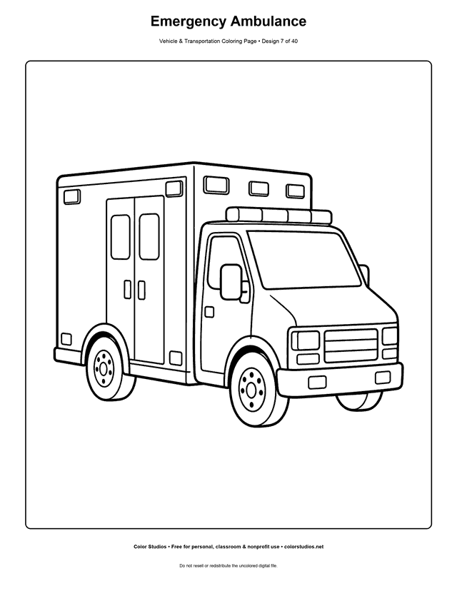 Emergency Ambulance: generic box-style ambulance stands alone in a three-quarter side view printable coloring page.