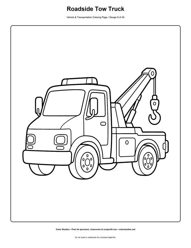 Roadside Tow Truck: generic tow truck stands alone in a three-quarter side view printable coloring page.