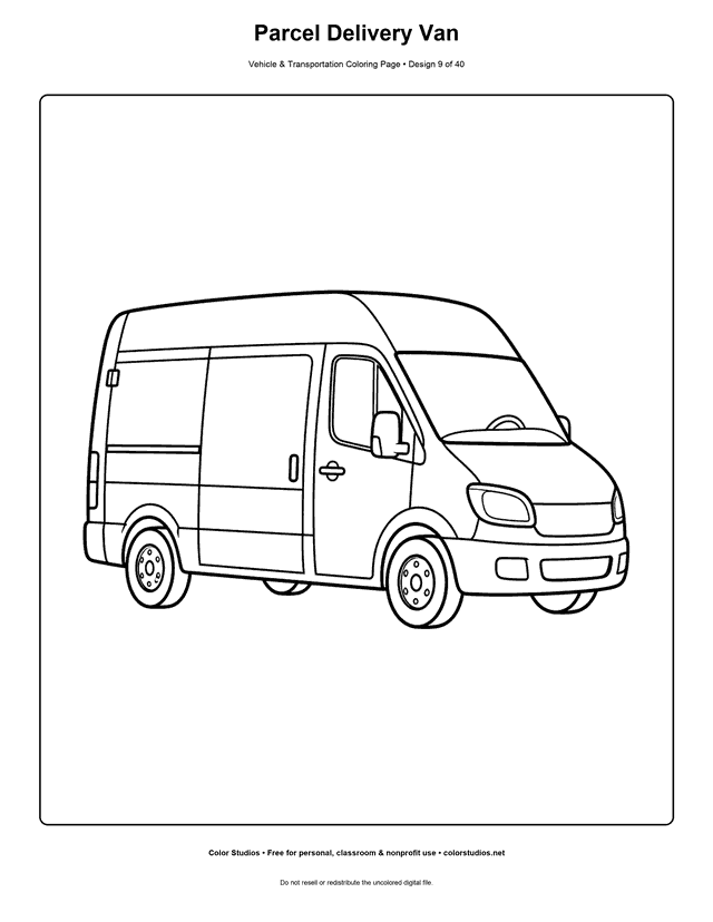 Parcel Delivery Van: plain unbranded delivery van stands alone in a three-quarter side view printable coloring page.