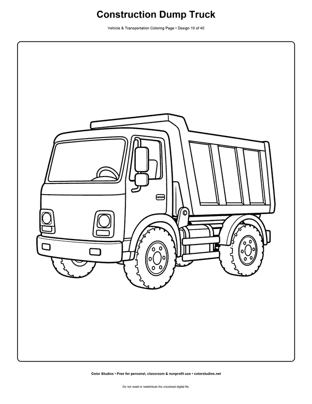 Construction Dump Truck: generic dump truck stands alone in a three-quarter side view with its cargo bed safely lowered printable coloring page.