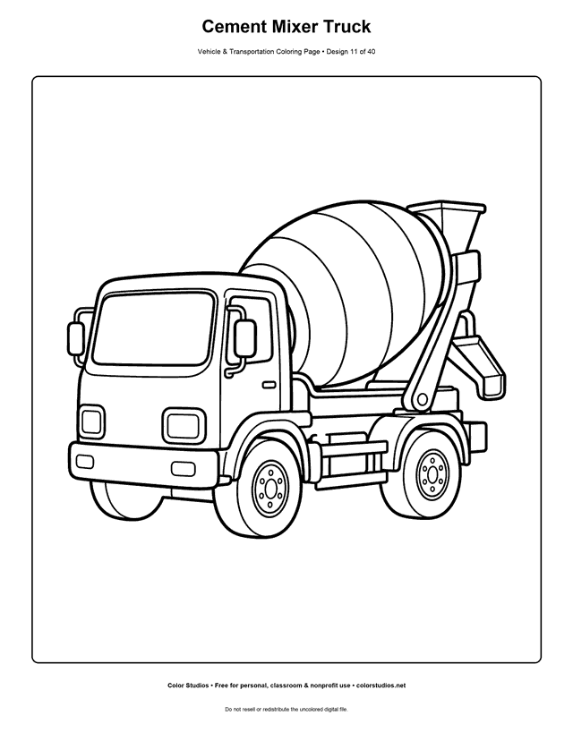 Cement Mixer Truck: generic cement mixer truck stands alone in a three-quarter side view printable coloring page.