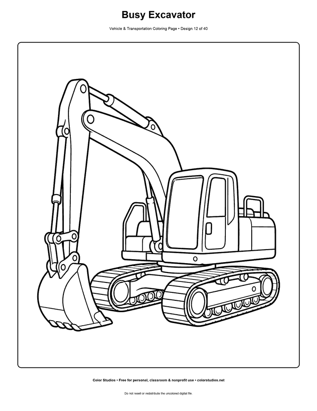 Busy Excavator: generic tracked excavator stands alone in a three-quarter side view with its bucket resting safely on the ground printable coloring page.