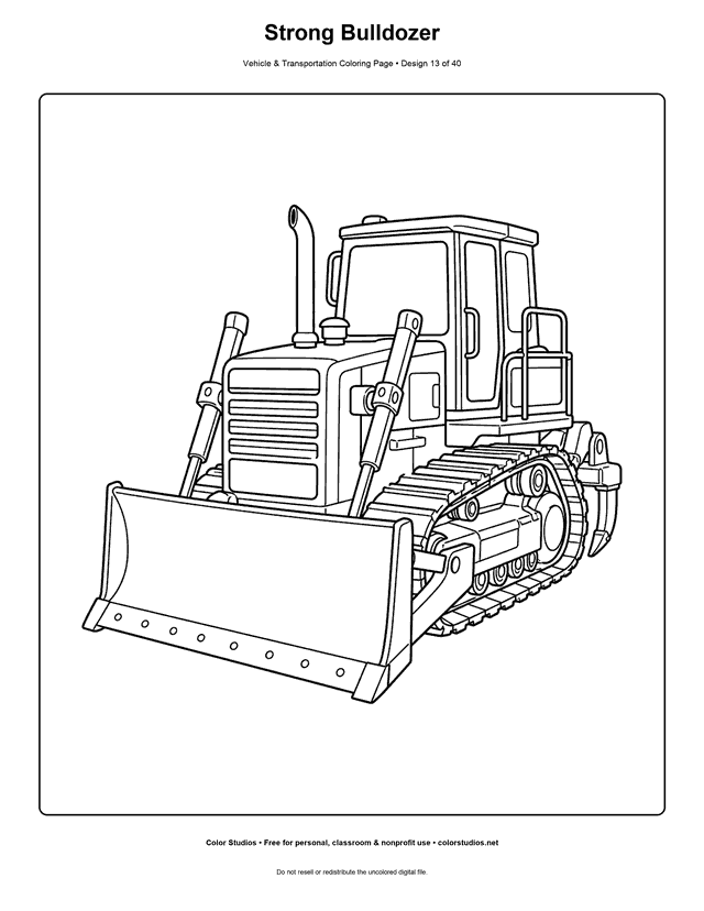 Strong Bulldozer: generic crawler bulldozer stands alone in a three-quarter front view printable coloring page.