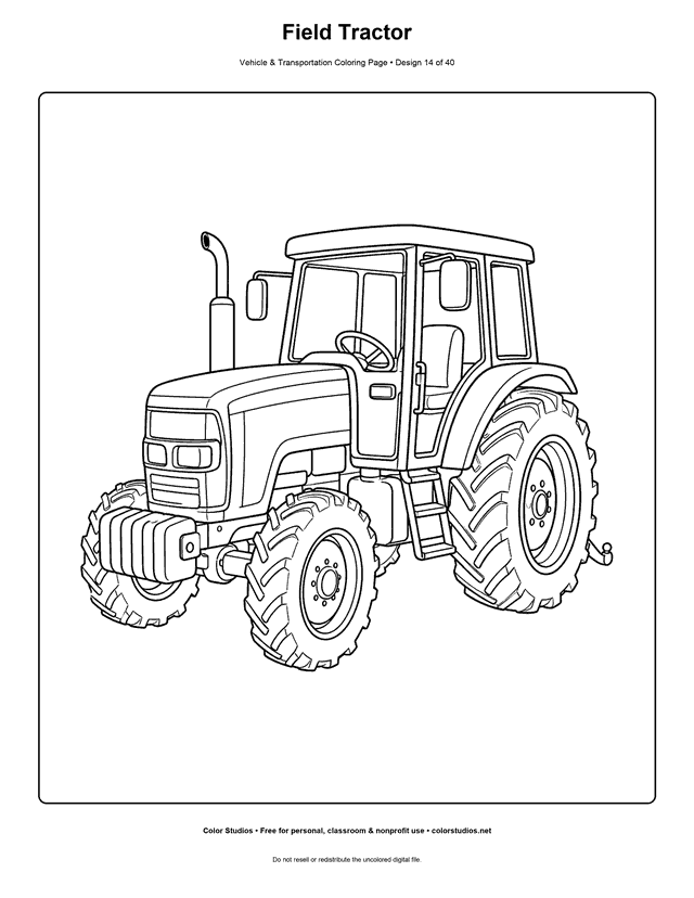Field Tractor: generic farm tractor stands alone in a three-quarter side view printable coloring page.