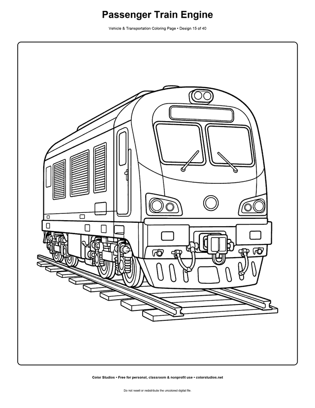Passenger Train Engine: generic modern passenger locomotive stands alone in a three-quarter front view on two short parallel rails printable coloring page.