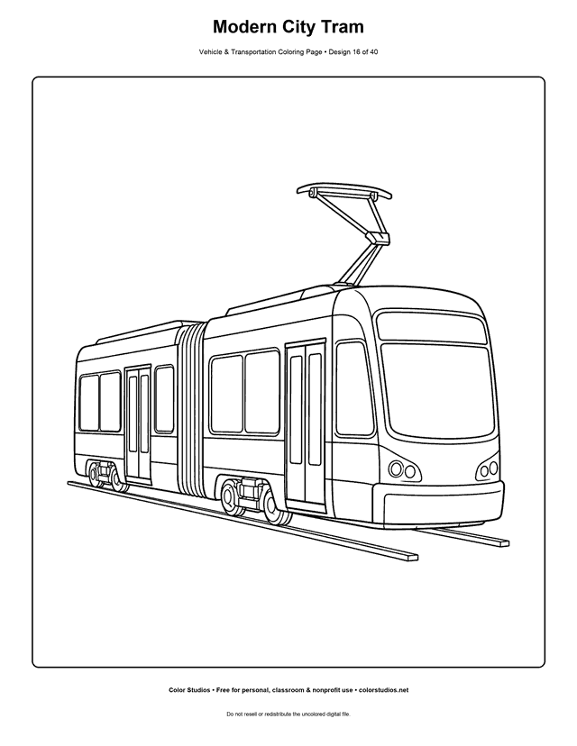 Modern City Tram: generic articulated city tram stands alone in a three-quarter front view on two short parallel rails printable coloring page.