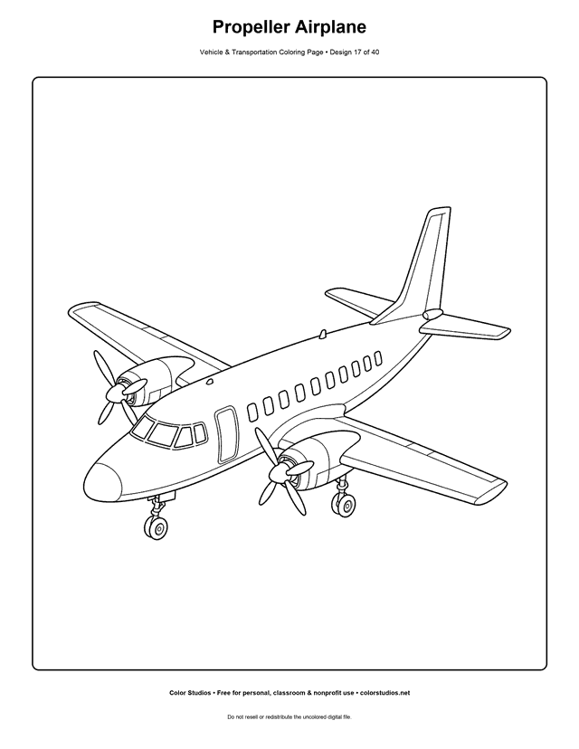 Propeller Airplane: generic twin-propeller passenger airplane is shown alone from a safe slightly elevated three-quarter view printable coloring page.