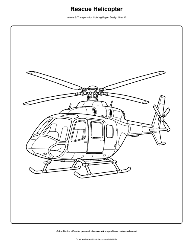 Rescue Helicopter: generic rescue helicopter is shown alone in a stable three-quarter side view printable coloring page.