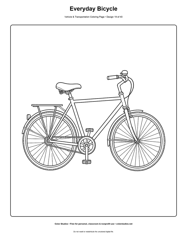 Everyday Bicycle: generic upright bicycle stands alone in a clean side view printable coloring page.
